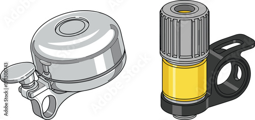 Bicycle accessories bell and handlebar light equipment cycling safety gear metal bike components vector illustration isolated detailed design set