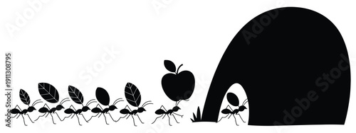 ants carrying leaves and berry to anthill teamwork nature illustration.