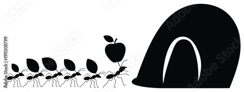 ants carrying leaves and berry to anthill teamwork nature illustration.