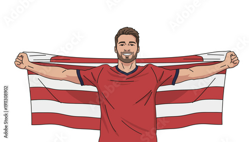 A man smiles and holds a red and white flag high while wearing a red shirt at a sports event during the day, showing excitement and pride.