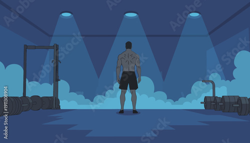 A man stands alone in a gym. The area is dark with blue lighting. Weights are placed around him, and he appears focused on his training.