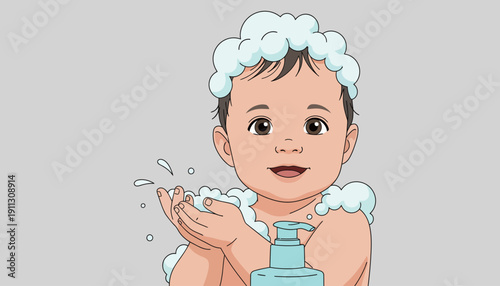 A baby plays with bubbles during bath time while smiling and holding hands out in a joyful moment at home.