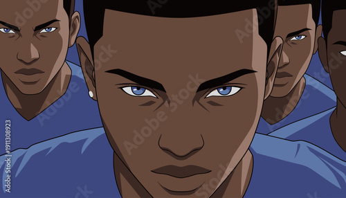 A group of animated characters stands close together with serious faces and blue eyes. They appear to be involved in an important activity.