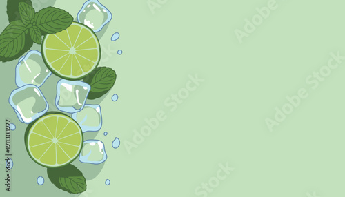 Lime slices are placed with mint leaves and ice cubes on a light green background. The setup is perfect for drink making.