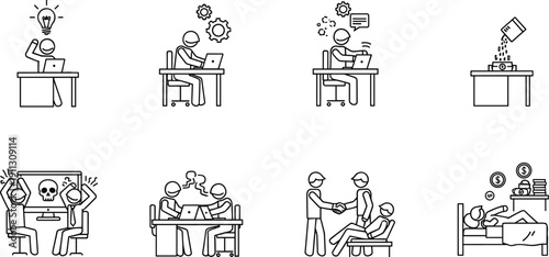 Office work situations icons showing productivity, ideas, stress, teamwork, burnout, success, communication, problem solving, vector illustration set