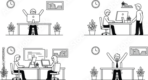 Office workers at desks with computers showing teamwork, productivity, collaboration, workplace routine, modern office environment, vector line illustration set