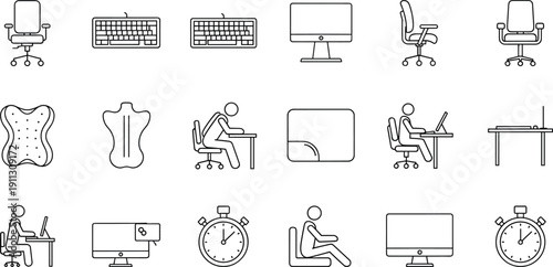 Office workplace line icons set, ergonomic furniture, computer desk elements, business workspace equipment, modern office objects, outline vector collection