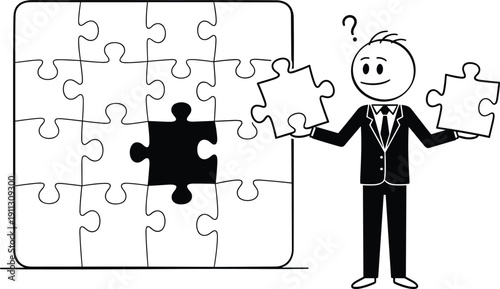 Problem solving puzzle concept, businessman choosing missing piece, solution search, decision making process, business strategy metaphor illustration