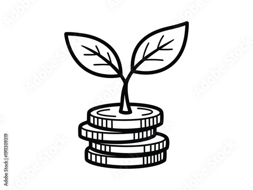 Hand drawn illustration of a plant growing on a coin stack. Concept of financial growth, savings, and investment. Black outline sketch isolated on white background.