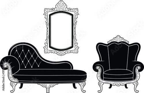 Vintage baroque furniture silhouettes vector collection, ornate classic chaise lounge armchair and decorative mirror frame isolated on white background
