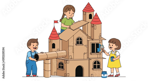 Three happy children are creatively building and decorating a large cardboard play castle, showcasing teamwork and imaginative play.