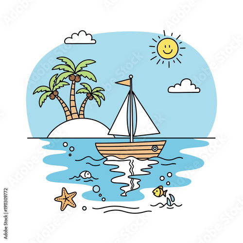 Tropical island sailboat scene with palm trees, sun, clouds, and ocean life
