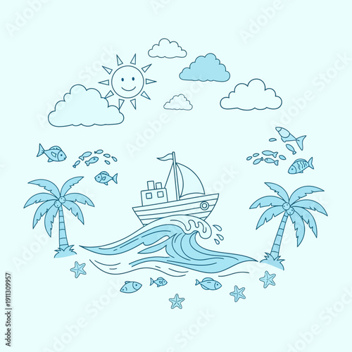 Doodle boat sailing on ocean waves, palm trees, fish, sun, clouds, summer vacation