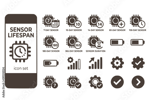 Sensor Lifespan 7-Day 10-Day 14-Day 180-Day 365-Day Sensor-Duration CGM-Lifespan Vector Icon Set - Sensor Duration