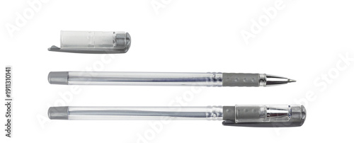 Obraz na plátně transparent gel pen with grey grip and silver details, shown with cap and ink tip visible on white