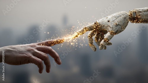 A human finger and a robotic hand touch with a glowing spark over a misty city skyline backdrop. 