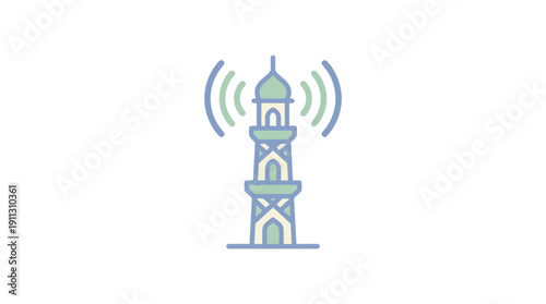 Simple blue and green tower icon with wireless signal waves.
