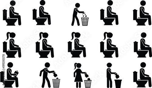Toilet usage pictogram icons set, restroom behavior symbols, hygiene and waste disposal signs, male female silhouettes, black vector illustration