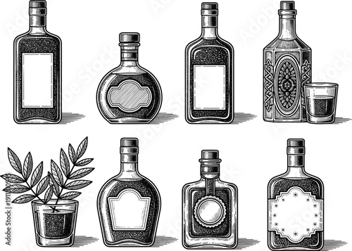 Vintage engraved liquor bottles illustration set with glass and botanical elements isolated on white background for alcohol branding, label design, and packaging concepts
