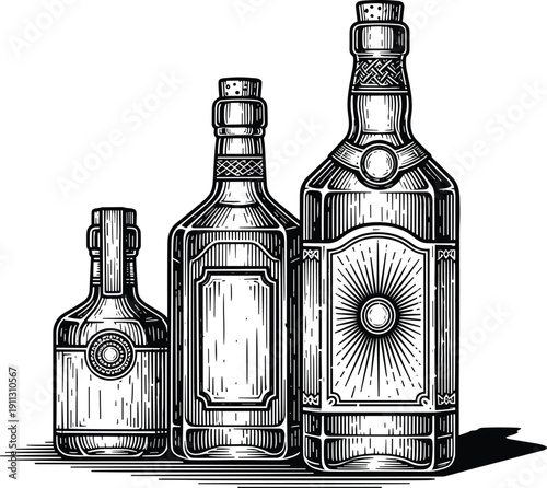 Vintage liquor bottle illustration, engraved alcohol containers, whiskey rum spirits packaging, retro label design, black ink line art