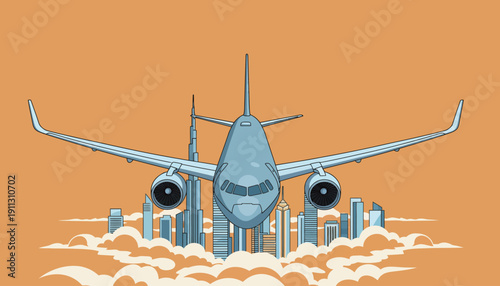 An airplane is flying above skyscrapers with clouds below during a sunset. The sky has an orange color.