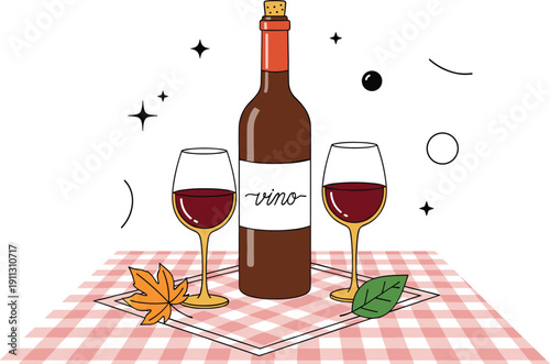 Wine bottle and glasses illustration, romantic dinner scene, red wine tasting concept, cozy picnic table setting, flat vector artwork