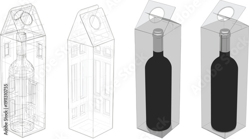 Wine bottle box packaging illustration, transparent gift box mockup, liquor packaging design, cardboard carrier with handle, 3D vector isolated