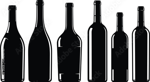 Wine bottle silhouettes collection, glass alcohol containers, beverage packaging shapes, winery product design, black white minimal vector illustration set