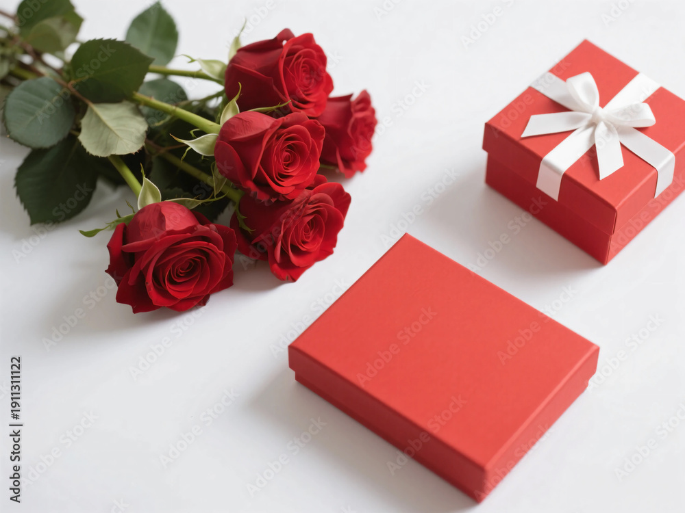 Fototapeta premium Top-down flatlay composition of fresh red roses arranged naturally beside a minimalist red gift box with a white ribbon, set on a pure white background. Balanced spacing, elegant negative space, edito