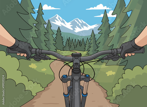 Rider is gripping the handlebars while biking on a dirt path surrounded by trees and mountains under a blue sky with clouds