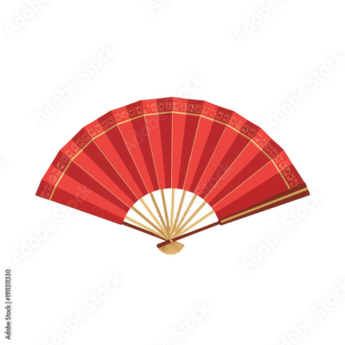 Traditional red hand-held fan with intricate designs and golden accents, viewed from the front, showcasing cultural heritage and elegance