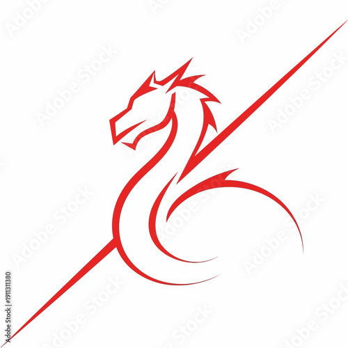 A majestic red dragon head illustration with flowing mane and diagonal line artwork