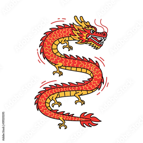 Vibrant red dragon illustration with dynamic movement and intricate scales, symbolizing power and mythology