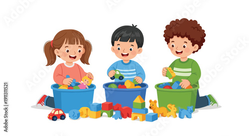 Three smiling children, a girl and two boys, play with colorful toys including blocks, cars, and animal figures from their bins.