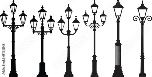 Vintage street lamp silhouettes vector set, classic urban lantern posts collection, decorative outdoor lighting icons, retro city lamppost illustration isolated design