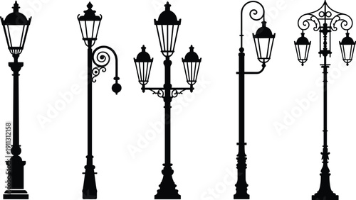 Vintage street lamp silhouettes vector set, classic urban lantern posts collection, decorative outdoor lighting icons, retro city lamppost illustration isolated