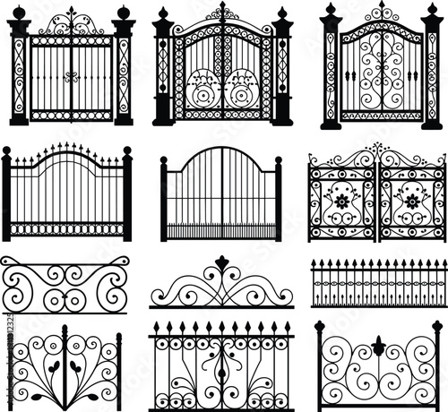 Vintage wrought iron gate silhouettes vector set, ornamental metal fences and decorative railings with intricate scrollwork isolated on white background