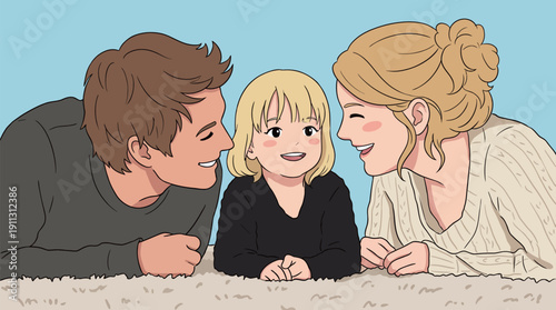 Two parents smile at their young child while sitting on a soft carpet at home. The family enjoys a moment of joy and connection together.