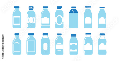 a range of different design icons of rectangular milk bottles displayed on a white canvas