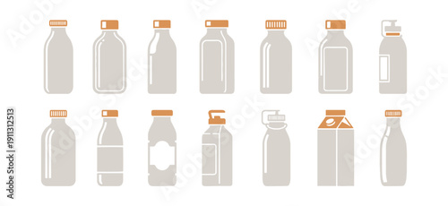 a variety of design icons depicting rectangular milk bottles set on a white surface