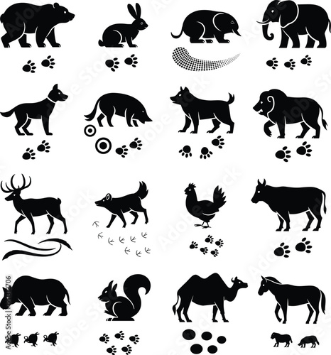 Wild and farm animal silhouettes set, wildlife mammals and birds with paw footprints, black vector illustration collection isolated on white backgroundWild and farm animal silhouettes set, w