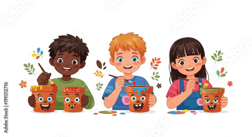 Three diverse children happily paint terracotta pots with vibrant colors, surrounded by decorative plant-like elements, showcasing a fun crafting activity.