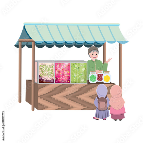 Illustration of a Muslim vendor selling sweets to children at a marketplace stall