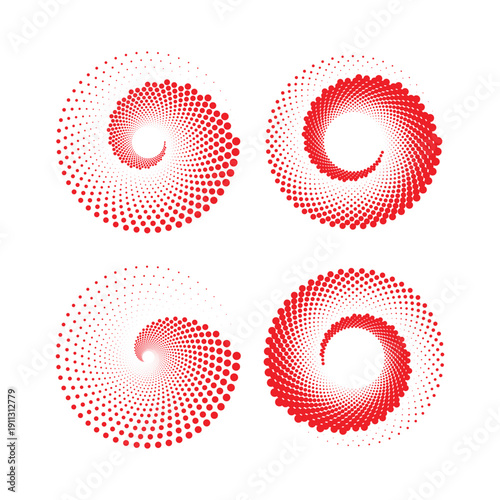 Schilderij op canvas Four red spiral patterns composed of numerous small dots on a white background