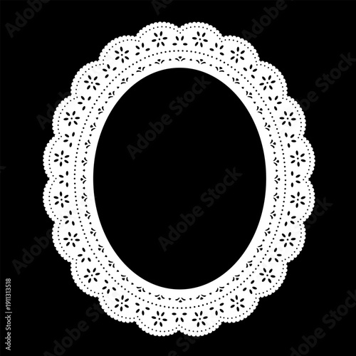 Vintage Eyelet Lace Doily Oval Portrait Picture Frame,  white on black. Copy space for pictures, albums, scrapbooks, holidays. 