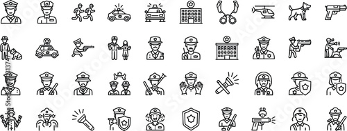 Police law enforcement line icon set showing officers weapons patrol cars security protection and public safety symbols isolated on white background