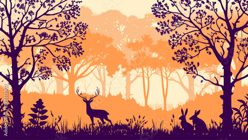 Serene forest landscape with deer and rabbit in warm orange tones