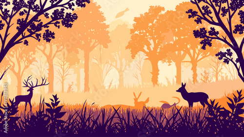 Serene forest scene with deer and wildlife at sunrise