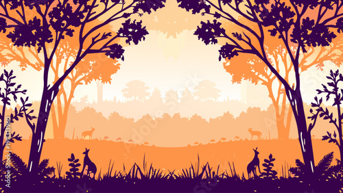 Serene forest scene with kangaroos in warm sunset light