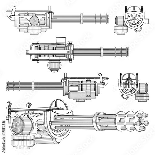 Five-Barrel Gatling Style Machine Gun Vector. A Powerful Rapid-Fire Capabilities And Multiple Cylindrical Barrel Assembly Gun.